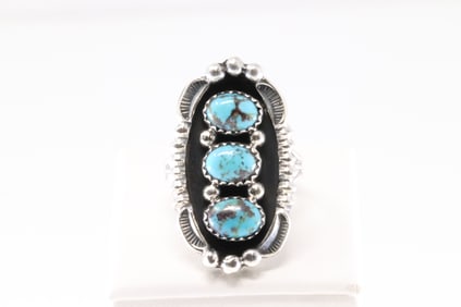 Native America Navajo Sterling Silver Turquoise Ring 3 Stone By Jimmy Garcia From R.B Company.