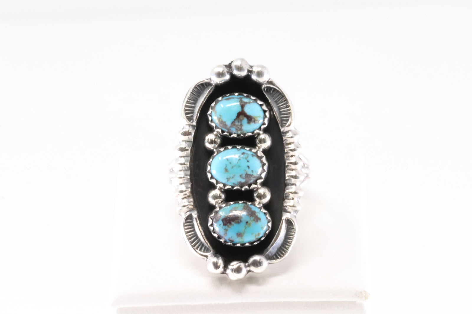Native America Navajo Sterling Silver Turquoise Ring 3 Stone By Jimmy Garcia From R.B Company.: This is a Native America Navajo Sterling Silver Turquoise Ring 3 Stone By Jimmy Garcia From R.B Company. Ring size: 9.00.