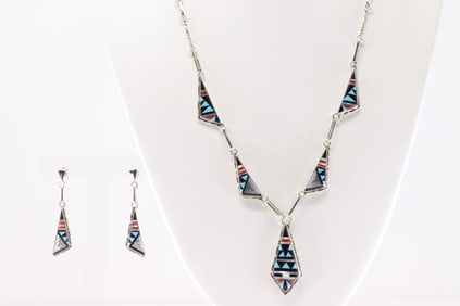 Native America Zuni Sterling Silver Multicolor Stone Necklace & Earring's Set By Sylvester Boone.