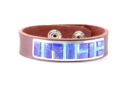 Native America Sterling Silver Lapiz & Opal Inlay Leather Bracelet.