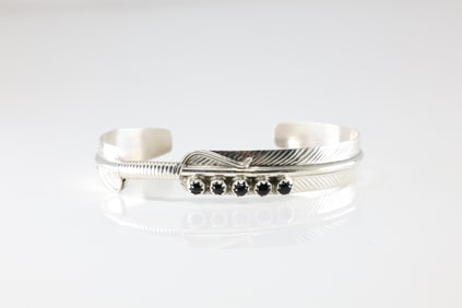 Native America Navajo Sterling Silver Black Onyx Bracelet Cuff By Aaron Davis.