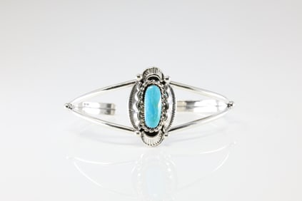 Native America Navajo Sterling Silver Turquoise Bracelet Cuff By Sadie Jim. From R.B Company.