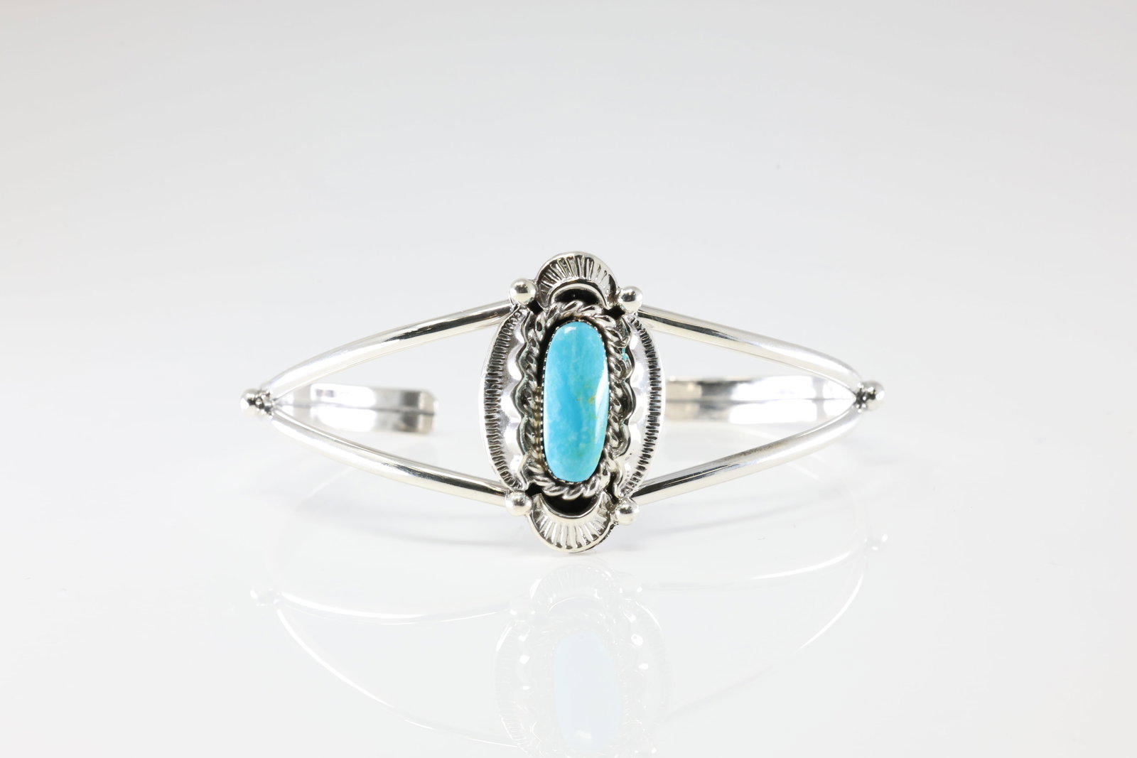 Native America Navajo Sterling Silver Turquoise Bracelet Cuff By Sadie Jim. From R.B Company.: This is a Native America Navajo Sterling Silver Turquoise Bracelet Cuff By Sadie Jim. From R.B Company. Stamp R.B.
