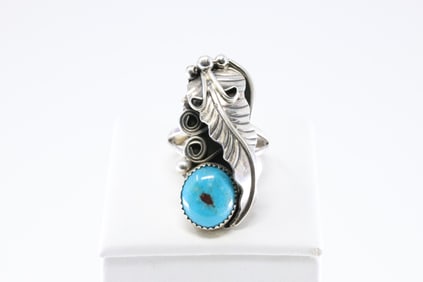 Native America Navajo Sterling Silver Turquoise Leaf Ring By H.M.