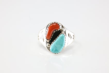Native America Navajo Sterling Silver Coral & Turquoise Ring By M.L.