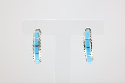 Native America Zuni Sterling Silver Turquoise Inlay Hoop Earring's By Malcolm Chavez.