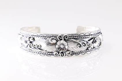 Native America Navajo Sterling Silver Stamped Floral Bracelet Cuff By Freddie James.