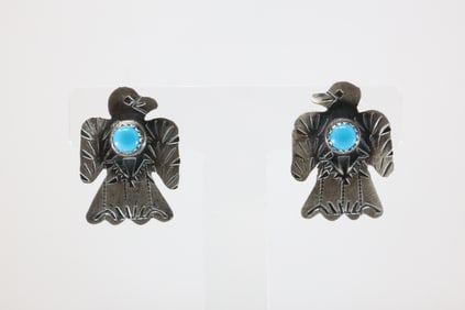 Native America Navajo Sterling Silver Turquoise Thunderbird Post Earring By Gabriela Yazzie. Stamp