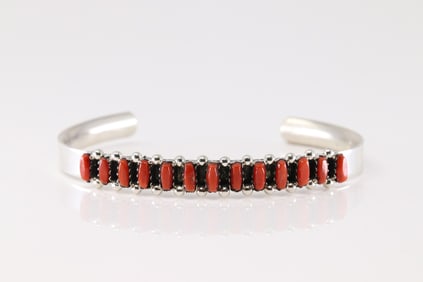 Native America Zuni Sterling Silver Coral Bracelet Cuff By Veronica Martza.
