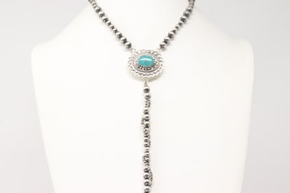 Native America Navajo Sterling Silver Turquoise Pearl Beaded Necklace By Lucinda Sardo.