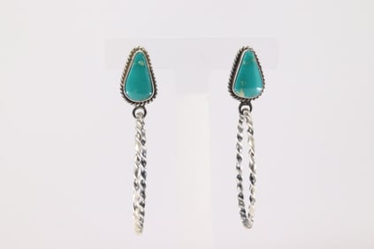 Native America Navajo Sterling Silver Kingman Turquoise Post Hoop Earring's By Elouise Kee.