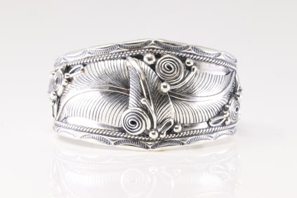Native America Navajo Sterling Silver Leaf Stamped Bracelet Cuff By Darrell Morgan.