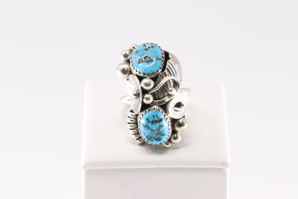 Native American Navajo Sterling Silver Turquoise Ring 2 Stone By Max C.