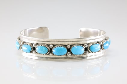 Native American Navajo Sterling Silver Turquoise Bracelet Cuff By E.W.