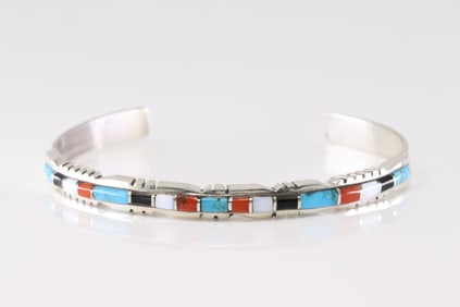 Native American Zuni Sterling Silver Multi-Color Stone Inlay Bracelet Cuff Sheldon Lalio.