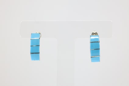 Native America Zuni Sterling Silver Turquoise Inlay Hoop Earring's By Gilbert Kanesta.