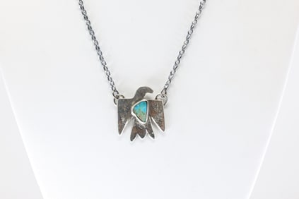 Native America Zuni Sterling Silver Turquoise Eagle Necklace By Jude Candelaria.