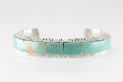 Native America Navajo Sterling Silver Number 8 Turquoise Inlay Barcelet Cuff By Steve Francisco.