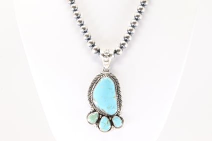 Native America Navajo Sterling Silver Kingman Turquoise Pendant By Elouise Kee. With Pearl Beaded
