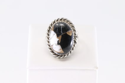 Native American Navajo Sterling Silver Black & White Stone Ring By C.