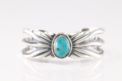 Native American Navajo Sterling Silver Turquoise Bracelet Cuff By Eugene Gruber.
