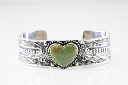 Native America Navajo Sterling Silver Kingman Turquoise Heart Bracelet Cuff By Sunshine Reeves.