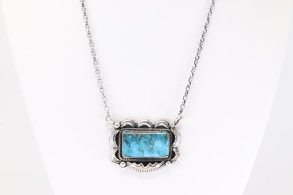 Native America Navajo Sterling Silver Turquoise Necklace By Juanita Long.