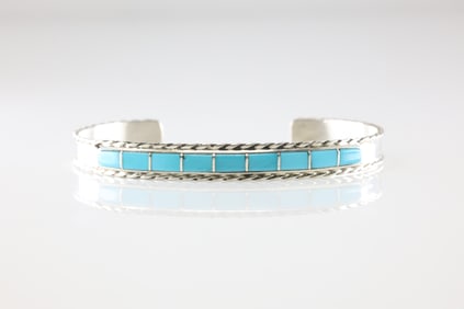 Native America Navajo Sterling Silver Turquoise Inlay Bracelet Cuff By J.P.