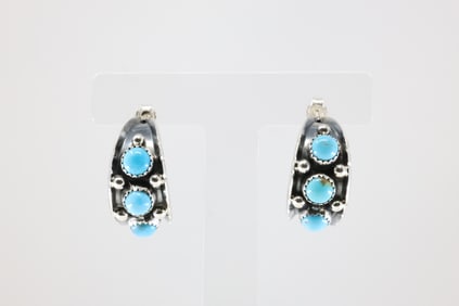 Native America Navajo Sterling Silver Turquoise Hoop Earring's By R.C.