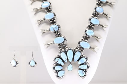 Native America Navajo Sterling Silver Golden Hill Blossom Necklace & Earring's Set By Kee-J.