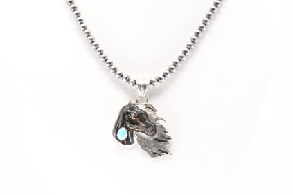 Native America Navajo Sterling Silver Turquoise Horse Necklace By Jeremy Delgarito.