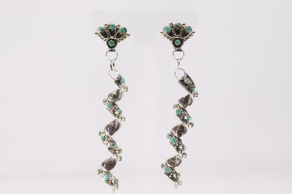 Native America Zuni Sterling Silver Kingman Turquoise Post / Dangling Earring's By Joan Cheama.
