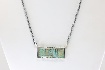 Native America Navajo Sterling Silver Kingman Turquoise Inlay Necaklce By Steve Francisco.
