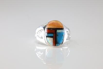 Native America Navajo Sterling Silver Multi-color Stone Inlay Ring By Ml.