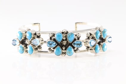 Native America Navajo Sterling Silver Blue Topaz & Turquoise Bracelet Cuff By Mike Smith.