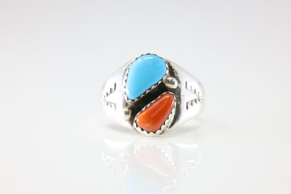 Native America Navajo Sterling Silver Coral & Turquoise Ring By ML.