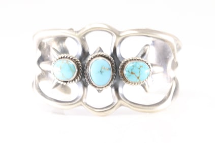 Native America Navajo Sterling Silver Turquoise Bracelet 3 Stone Cuff By Eugene Gruben.