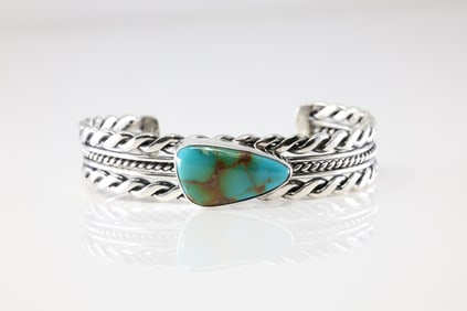 Native America Navajo Sterling Silver Turquoise Bracelet Cuff By Roy Tom.