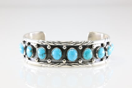 Native America Navajo Sterling Silver Kingman Turquoise Bracelet Cuff By Reed Charley.