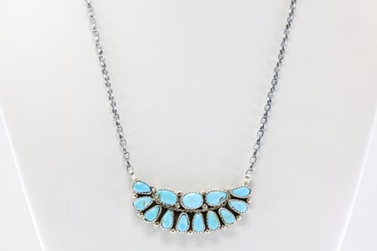 Native America Navajo Sterling Silver Turquoise Necklace By Eunis Tso.