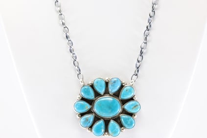 Native America Navajo Sterling Silver Kingman Turquoise Necklace By Geraldine James.