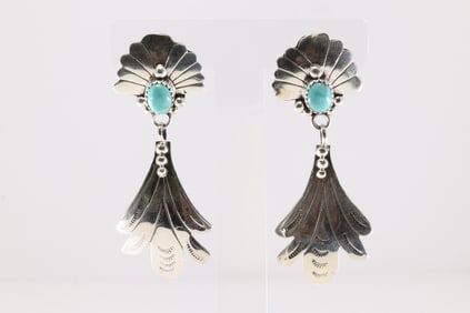 Native America Navajo Sterling Silver Turquoise Post / Dangling Earring's By Genevieve Francisco.