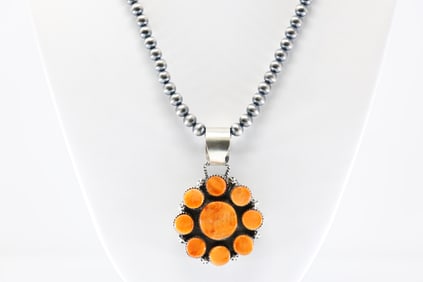 Native America Navajo Sterling Silver Spiny Oyster Pendant By S.W. With Machine Made Pearl Beaded