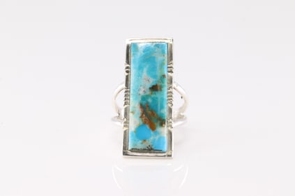 Native America Navajo Sterling Silver Kingman Turquoise Ring By S.F.