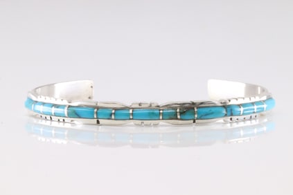 Native America Zuni Sterling Silver Turquoise Inlay Bracelet Cuff By Sheldon Lalio.