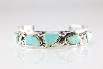 Native America Zuni Sterling Silver Kingman Turquoise Bracelet Cuff By Jude Candelaria.