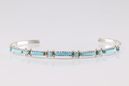 Native America Zuni Sterling Silver Turquoise Bracelet Cuff By J.W.