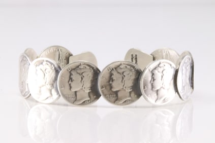 Native America Navajo Sterling Silver Turquoise Mercury Dime Coin Cuff By James McCabe.