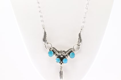 Native America Navajo Sterling Silver Turquoise Feather Necklace By Jennifer Cayaditto. From R.B