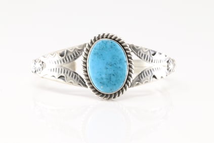 Native America Navajo Sterling Silver Turquoise Bracelet Cuff By M.